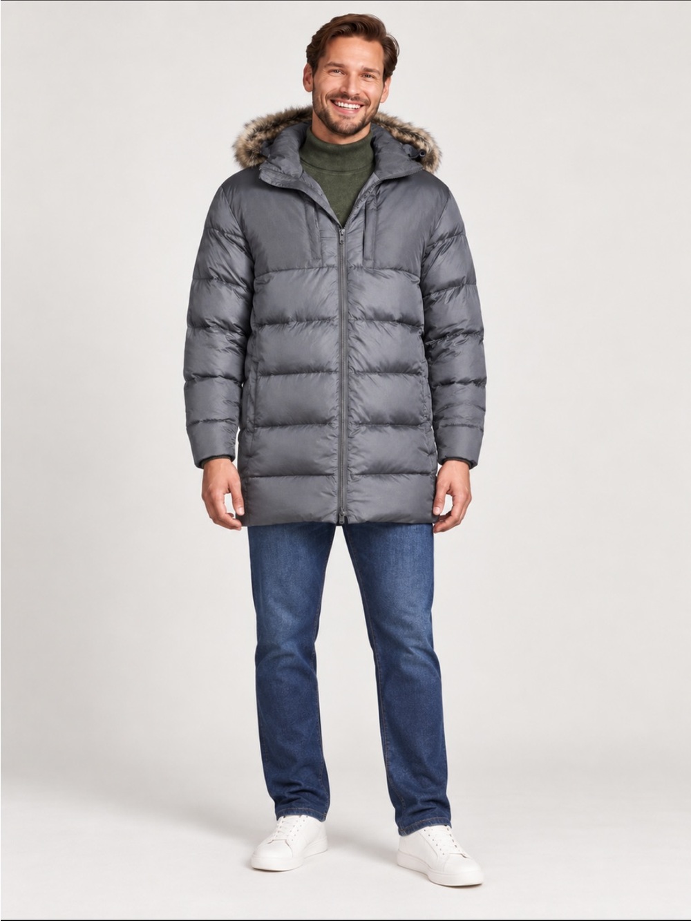 LandsEnd Mens Down Wide Channel Parka Removable Hood Lightweight Warmth CHARCOAL